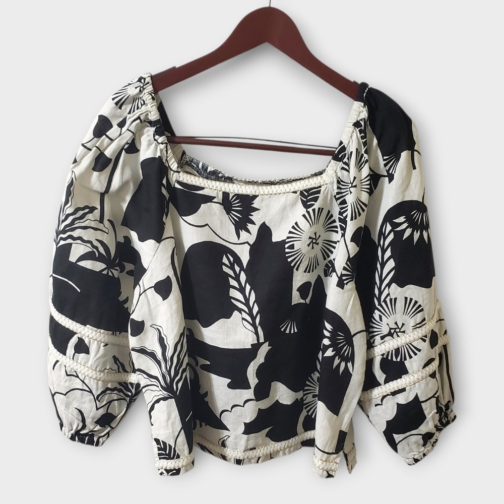 Nicole Miller 100% Linen Black White Floral Puff Sleeve Top Embroiderd Blouse L